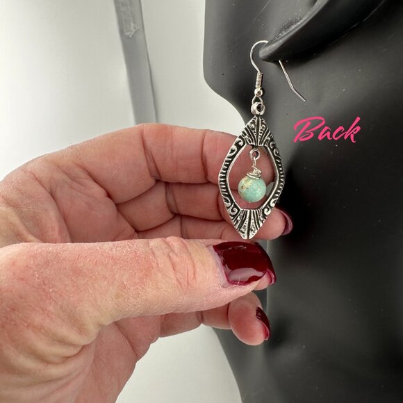 Antique Silver Pewter Peruvian Turquoise Earrings - Picture 5 of 10
